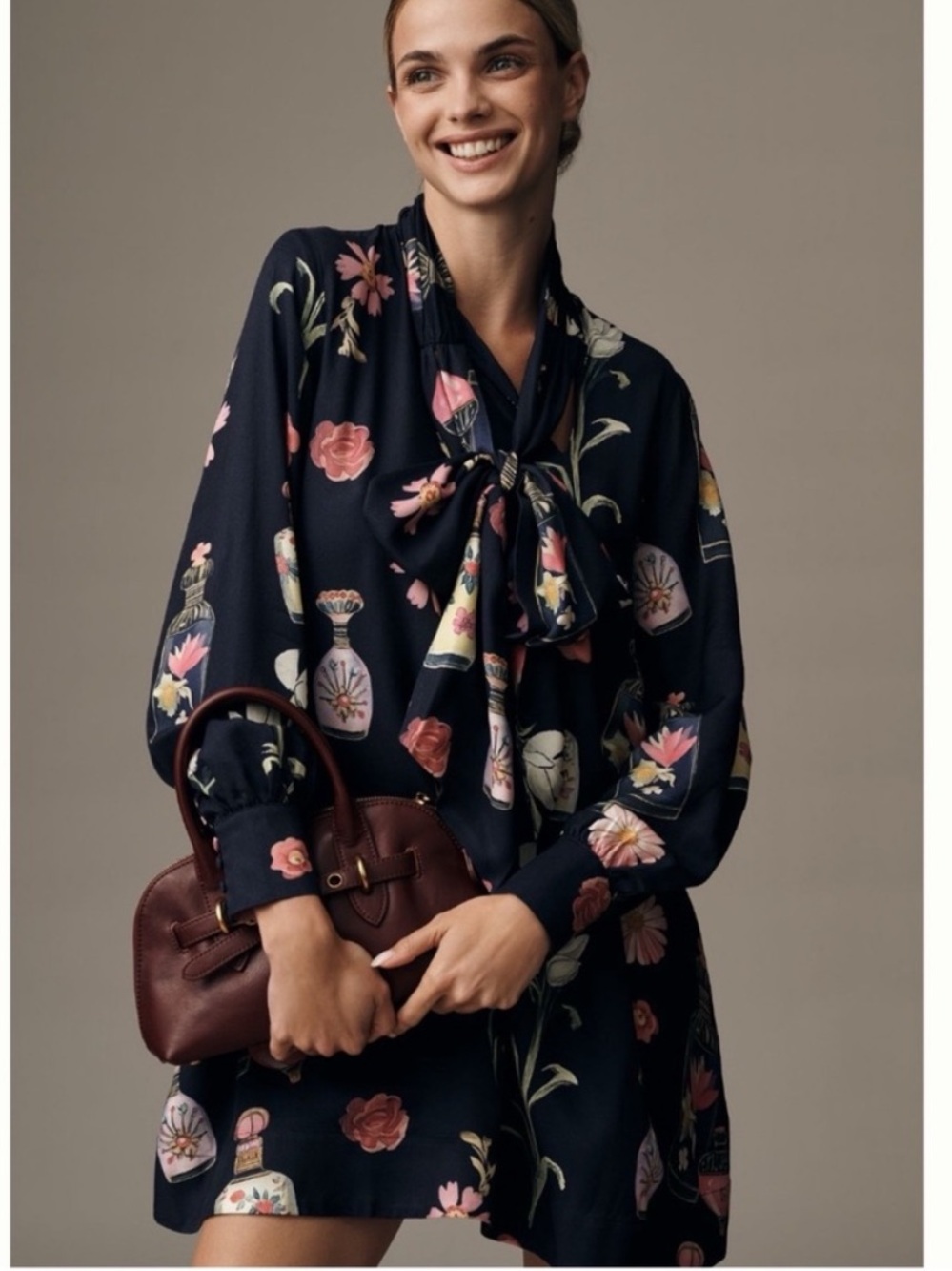 NWT Anthropologie Maeve The Caroline Long-Sleeve Tie-Neck Floral Mini Dress S